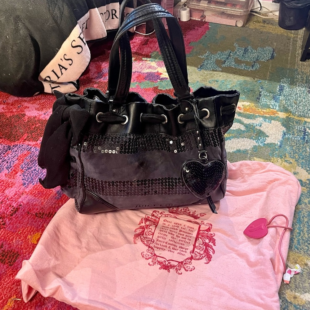 CLASSIC Juicy Couture Black Velvet Embellished Hand Bag including Dust Bag